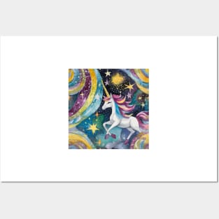 Geometric pattern of curved seamless stripes making a starry night with galaxy, stars and unicorns Posters and Art